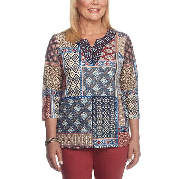 Alfred Dunner Womens Petite Patchwork Print Tee Shirt